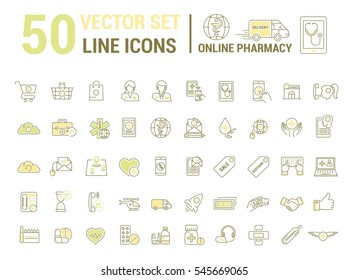 Vector graphic set. online pharmacy, Internet drug store.Medical equipment in linear, flat, contour, thin design.