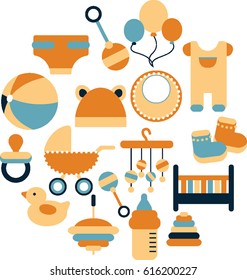 Vector graphic set in orange and blue colors. Accessories for child life, baby care. Banner with childhood's pattern. Baby staff for decorating
