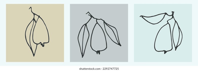 Vector graphic set of prints with leaves and pears. Decor printable art. Contemporary design for prints, posters, stationery, logos, branding, invitations, social media posts