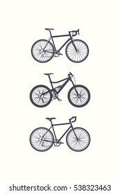Vector graphic set of racing, touring and mountain bicycles made in flat style. Vector bike icon set. 