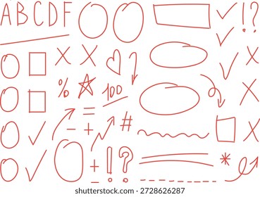 vector graphic set of red, hand-drawn doodle elements often used for grading or highlighting information