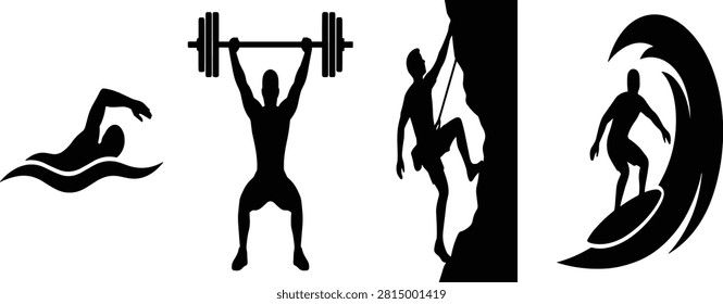A vector graphic set showing black silhouettes of athletes engaged in swimming, heavy weightlifting, mountain rock climbing, and ocean surfing. This versatile collection is ideal for fitness branding, gym promotions, extreme sports websites, and active lifestyle designs.