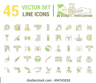 Vector graphic set. Silhouette, logo, icon, logo. Artificial insemination, bioengineering, biotechnology. Birth of embryo in linear, flat, contour, thin design. App, Web site template, infographic.