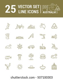 Vector graphic set. Silhouette, logo, icon. Australian continent. Linear, flat, contour, thin. App, Web site template. Concept Australian culture, animals, traditions. Sign, element, emblem, symbol.