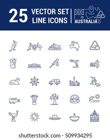 Vector graphic set. Silhouette, logo, icon. Australian continent. Linear, flat, contour, thin. App, Web site template. Concept Australian culture, animals, traditions. Sign, element, emblem, symbol.