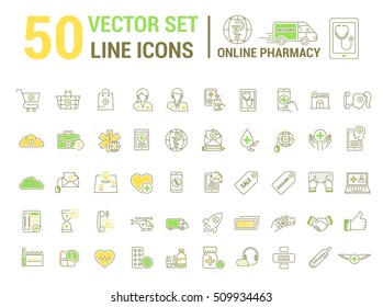 Vector graphic set. Silhouette, logo, icon. online pharmacy, Internet drug store.Medical equipment in linear, flat, contour, thin design. App, Web site template, infographic.
