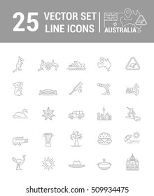 Vector graphic set. Silhouette, logo, icon. Australian continent. Linear, flat, contour, thin. App, Web site template. Concept Australian culture, animals, traditions. Sign, element, emblem, symbol.