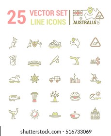 Vector graphic set. Silhouette, logo, icon. Australian continent. Linear, flat, contour, thin. App, Web site template. Concept Australian culture, animals, traditions. Sign, element, emblem, symbol.