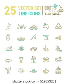 Vector graphic set. Silhouette, logo, icon. Australian continent. Linear, flat, contour, thin. App, Web site template. Concept Australian culture, animals, traditions. Sign, element, emblem, symbol.
