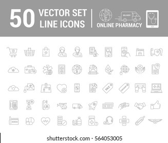 Vector graphic set. Silhouette, logo, icon. ?nline pharmacy, Internet drug store.Medical equipment in linear, flat, contour, thin design. App, Web site template, infographic.