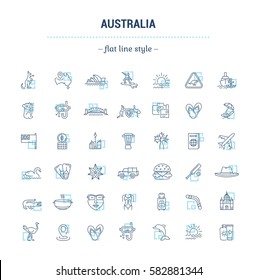 Vector graphic set. Silhouette, logo, icon. Australian continent. Linear, flat, contour, thin. App, Web site template. Concept Australian culture, animals, traditions. Sign, element, emblem, symbol.