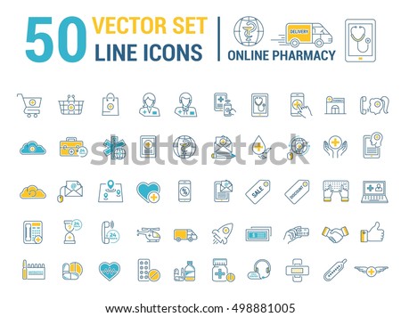 Vector graphic set. Silhouette, logo, icon. Online pharmacy, Internet drug store.Medical equipment in linear, flat, contour, thin design. App, Web site template, infographic.