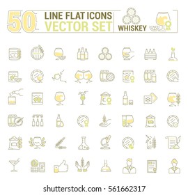 Vector graphic set of simple icons in flat, contour, thin and linear design. Whiskey drink. Scottish and Irish alcoholic drink. Concept illustration for Web site, app. Sign, symbol, emblem