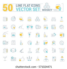 Vector graphic set of simple icons in flat, contour, thin and linear design. Whiskey drink. Scottish and Irish alcoholic drink. Concept illustration for Web site, app. Sign, symbol, emblem