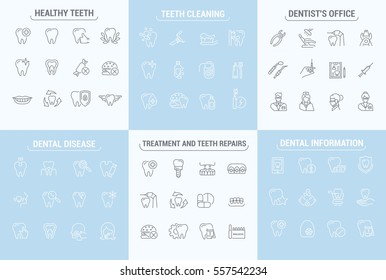 Vector graphic set. Simple isolated Icons in flat, contour, outline, thin and linear design.Dental care and dentist.Dental disease and treatment. Prosthetics, removal. Element, emblem, symbol, logo.