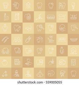 Vector graphic set. Simple isolated Icons in flat, contour, outline, thin and linear design.Dental care and dentist.Dental disease and treatment. Prosthetics, removal. Element, emblem, symbol, logo.