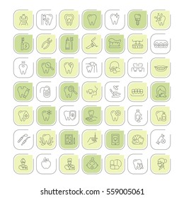 Vector graphic set. Simple isolated Icons in flat, contour, outline, thin and linear design.Dental care and dentist.Dental disease and treatment. Prosthetics, removal. Element, emblem, symbol, logo.