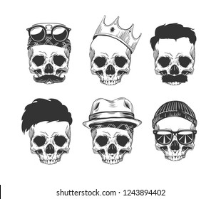 Vector graphic set of skulls with haircut and mustache in crown, hat, sunglasses and bandana isolated on white background. Print sketches for design