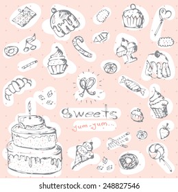 Vector graphic set of sweets. Decorative hand drawn pink delicios collection. EPS 10 Vector