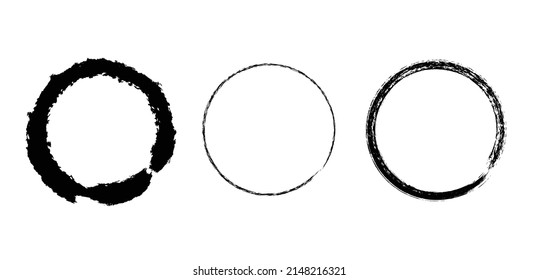 Gráfica vectorial de un conjunto de tres redondos de tinta negra con pincel sobre fondo blanco. Elemento de diseño de vectores. Montaje de fondo. Pareja de pinceladas de pincel.  vector eps10.
