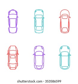 Vector graphic set of top view car abstract silhouettes. Editable multicolored illustration in blue, violet and red tints isolated on white background. Automotive creative collection.