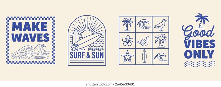 Vector graphic set with tropical beach theme featuring surfboards waves palm trees and summer quotes like Make Waves and Good Vibes Only perfect for t shirt prints and summer merchandise

