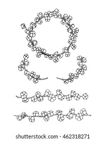Vector graphic set of wreath, laurel and borders of cotton flowers. Beautiful floral design elements, ink drawing