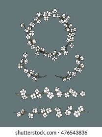 Vector graphic set of wreath, laurel and borders of cotton flowers. Beautiful floral design elements, ink drawing