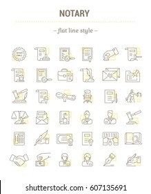 Vector graphic set.Icons in flat, contour, thin, minimal and linear design.Notary office. Paperwork, document notarized.Simple isolated icons.Concept illustration for Web site app.