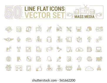 Vector graphic set.Icons in flat, contour,thin and linear design.Mass media.Organs of public opinion.Simple isolated icon on white background.Concept illustration for Web site, app.Sign,symbol,emblem.