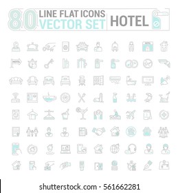 Vector graphic set.Icons in flat, contour,thin and linear design.Hotel and its services.Simple isolated icon on white background.Concept illustration for Web site, app.Sign,symbol,emblem.