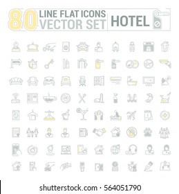 Vector graphic set.Icons in flat, contour,thin and linear design.Hotel and its services.Simple isolated icon on white background.Concept illustration for Web site, app.Sign,symbol,emblem.