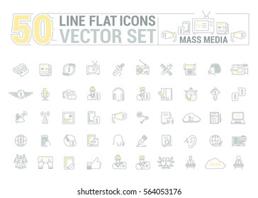 Vector graphic set.Icons in flat, contour,thin and linear design.Mass media.Organs of public opinion.Simple isolated icon on white background.Concept illustration for Web site, app.Sign,symbol,emblem.
