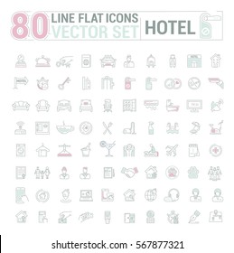 Vector graphic set.Icons in flat, contour,thin and linear design.Hotel and its services.Simple isolated icon on white background.Concept illustration for Web site, app.Sign,symbol,emblem.