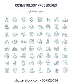 Vector graphic set.Icons in flat, contour,thin and linear design.Cosmetology Clinic. Services, procedures, treatments.Simple isolated icons.Concept illustration for Web site app.Sign,symbol,element.