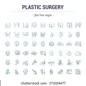 Vector graphic set.Icons in flat, contour,thin, minimal and linear design.Plastic surgery. Set of silhouette.Simple isolated icons.Concept illustration for Web site app.Sign,symbol,element.