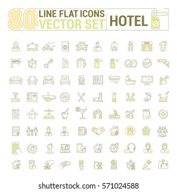 Vector graphic set.Icons in flat, contour,thin and linear design.Hotel and its services.Simple isolated icon on white background.Concept illustration for Web site, app.Sign,symbol,emblem.