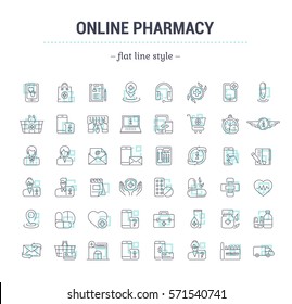 Vector graphic set.Icons in flat, contour,thin, minimal and linear design.Online pharmacy shopping.Mobile medical advice.Simple isolated icon.Concept illustration for Web site app.Sign,symbol,element.