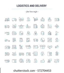 Vector graphic set.Icons in flat, contour,thin, minimal and linear design.Logistics and delivery of cargoes and parcels.Simple isolated icons.Concept illustration for Web site app.Sign,symbol,element.