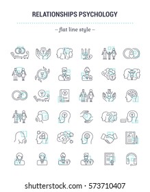 Vector graphic set.Icons in flat, contour,thin, minimal and linear design.Family Psychology. Psychology of marriage.Simple isolated icons.Concept illustration for Web site app.