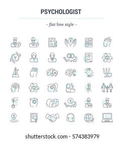 Vector graphic set.Icons in flat, contour,thin, minimal and linear design.Psychologist. Types of psychological support. Simple isolated icons.Concept illustration for Web site app.