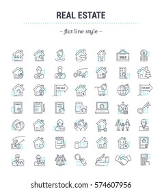 Vector graphic set.Icons in flat, contour,thin, minimal and linear design.Real estate.Simple isolated icons.Concept illustration for Web site app.