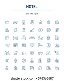 Vector graphic set.Icons in flat, contour,thin and linear design.Hotel and its services.Simple isolated icon on white background.Concept illustration for Web site, app.Sign,symbol,emblem.