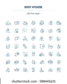 Vector graphic set.Icons in flat, contour,thin, minimal and linear design.Care of body.Hygiene products.Body wash, epilation, depilation, peeling.Concept of simple isolated icons.Sign,symbol,element.