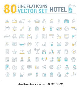 Vector graphic set.Icons in flat, contour,thin and linear design.Hotel and its services.Simple isolated icon on white background.Concept illustration for Web site, app.Sign,symbol,emblem.