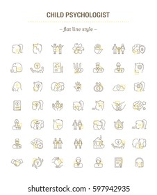 Vector graphic set.Icons in flat, contour,thin, minimallined, outline, and linear design.Child psychologist.Support for children's health.Simple isolated icons.Concept for Web site app.Sign,symbol.