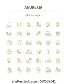 Vector graphic set.Icons in flat, contour,thin, minimal and linear design. Psychological disease.Vomiting, weight loss. Symptoms, disorder. Concept simple isolated icons.Sign,symbol,element.