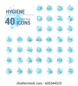 Vector graphic set.Icons in flat, contour,thin, minimal and linear design.Human hygiene products.Protection from bacteria.Healthy lifestyle.Concept of simple isolated icons.Sign,symbol,element.