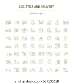 Vector graphic set.Icons in flat, contour,thin, minimal and linear design.Logistics and delivery of cargoes and parcels.Simple isolated icons.Concept illustration for Web site app.Sign,symbol,element.