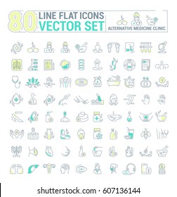 Vector graphic set.Icons in flat, contour,thin and linear design.Center Alternative Medicine. Check up diagnosis.Simple isolated icon.Concept illustration for Web site app.Sign,symbol,emblem.